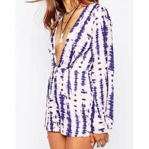 Missguided Tie Dye Romper Womens 6 Pink Navy Blue Boho Deep V Neck Long Sleeve